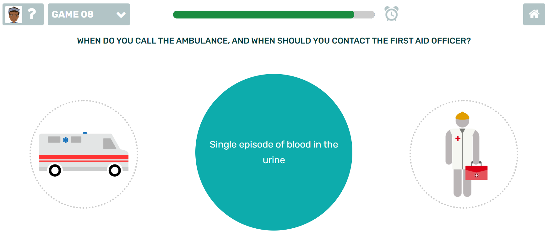 The first-aid exercise: the question asks when to call the ambulance and when to contact the first aid officer. An illustrated ambulance sits on the left, a first aid officer on the right, and the case to sort in the middle.