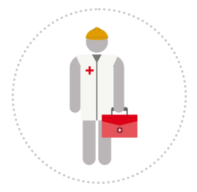The first-aid officer icon: a grey human figure in a white coat with a red cross, holding a red first-aid case.