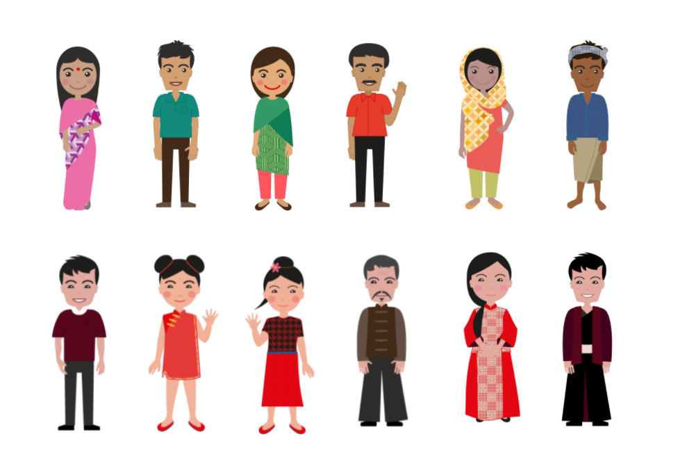 Twelve illustrated avatars — an Indian group in the top row and a Chinese group in the bottom row, each in different traditional and everyday clothing.