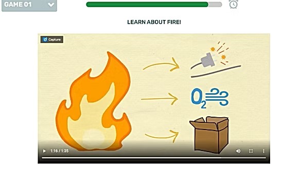 A frame from the Learn About Fire video: a large flame on the left, with three arrows pointing to what it needs — a plug and cable throwing sparks, an O2 symbol, and a cardboard box.