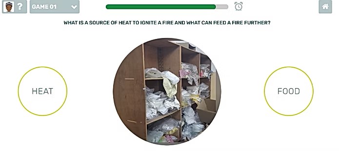The earlier sorting screen: the question at the top, a photo of a storage shelf in the middle, and two categories labelled only with the words HEAT and FOOD.