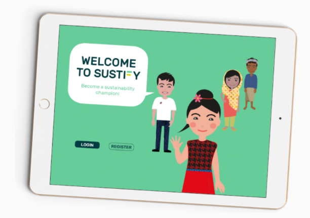 The Sustify welcome screen on a tablet — illustrated characters greeting the user with 'Welcome to Sustify · Become a sustainability champion'.