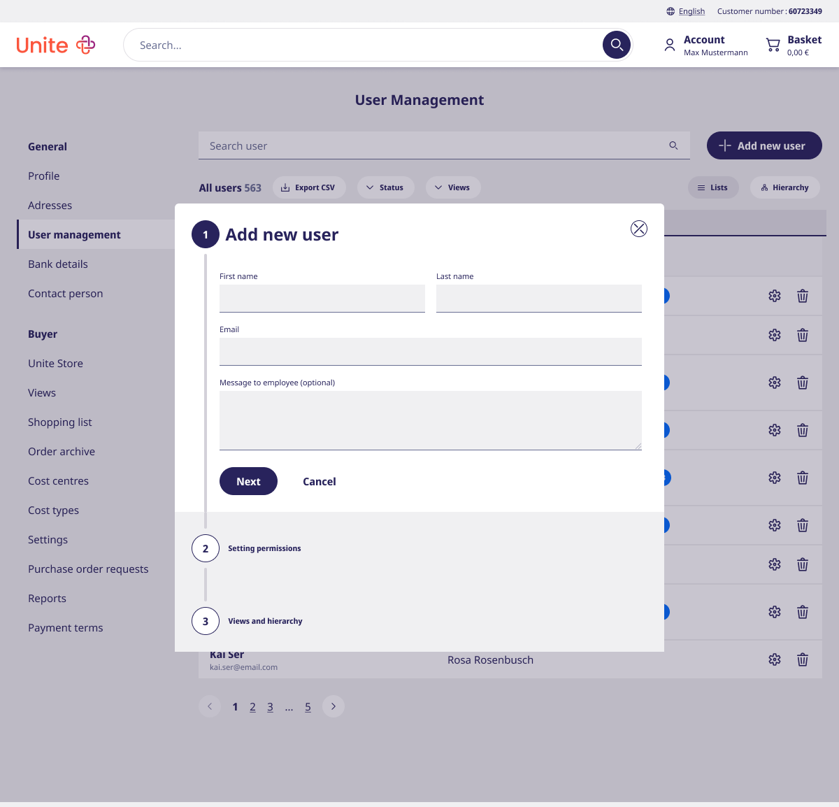Step 1 of adding a new user: first name, last name, email and an optional message to the employee.
