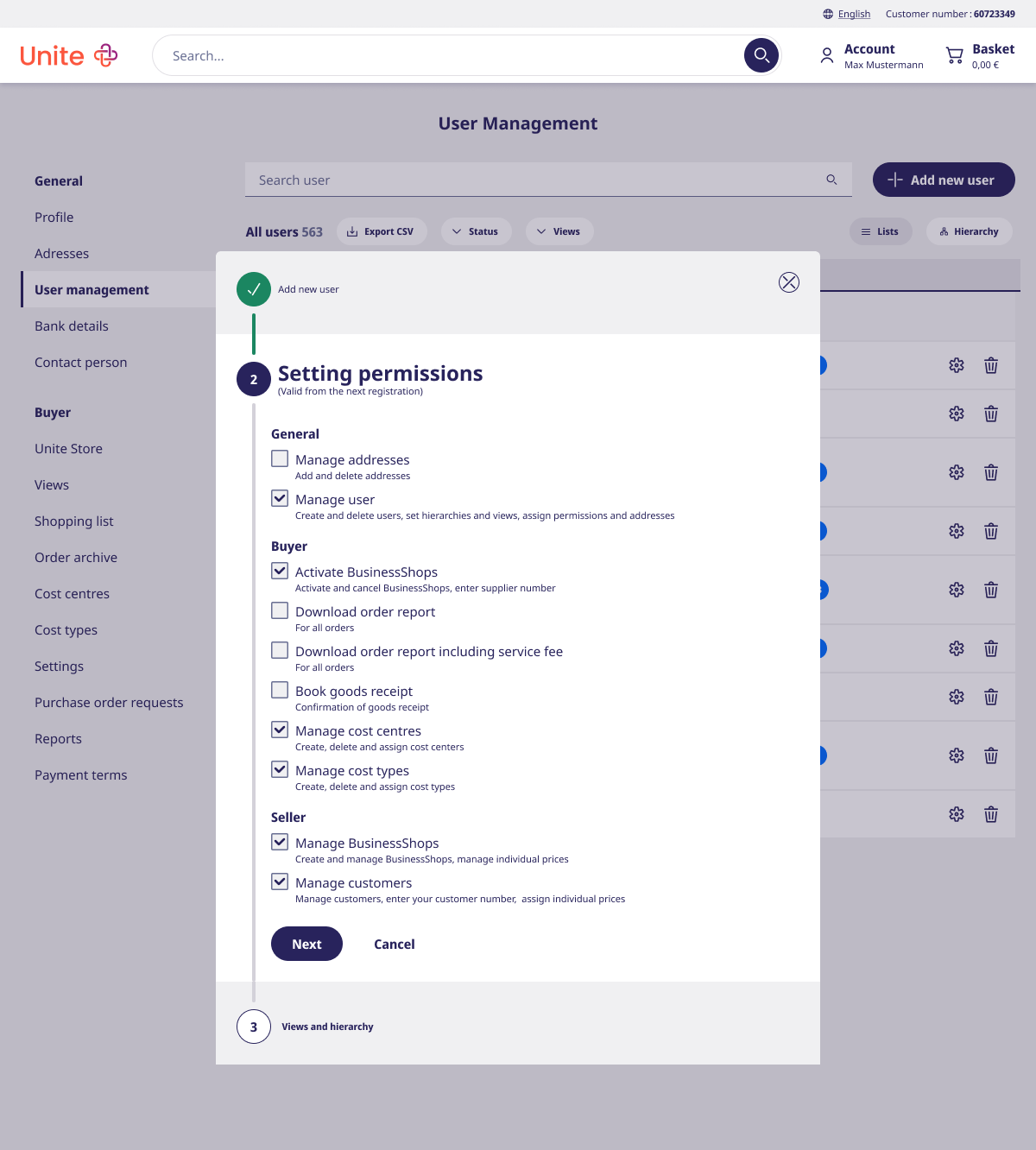 Step 2: setting permissions grouped into General, Buyer and Seller, with checkboxes for manage users, cost centres, BusinessShops and more.