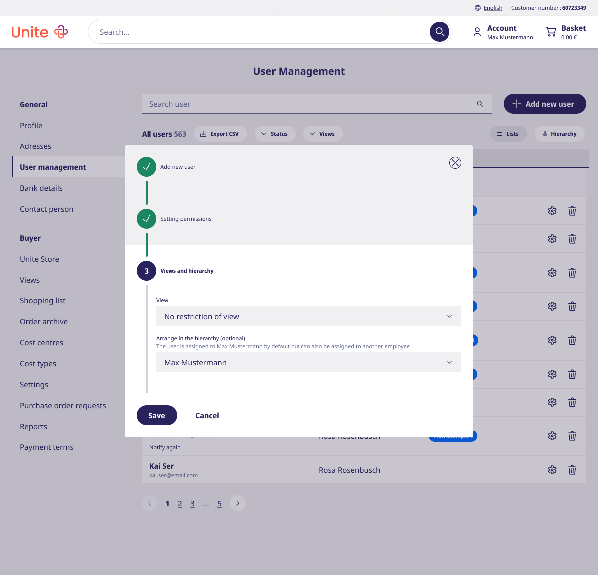 Step 3: assigning a view and placing the new user in the hierarchy, defaulting to the creator.