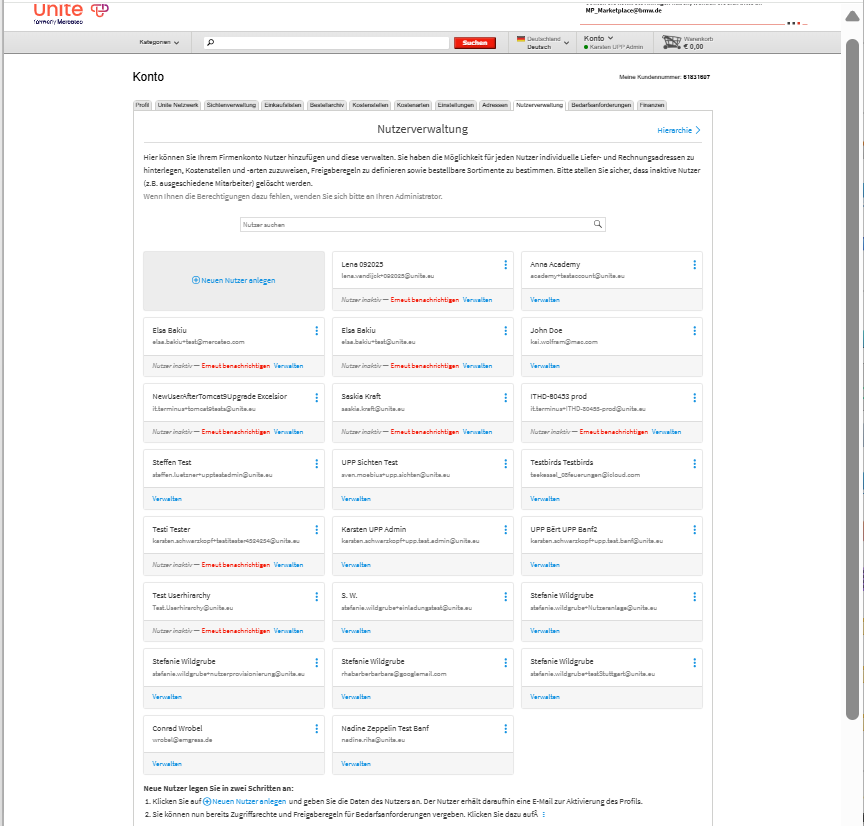 The legacy user management overview: users shown as a grid of small cards with name, email and a 'Verwalten' link, a search field with no filters, and a 'Hierarchie' link in the top right.