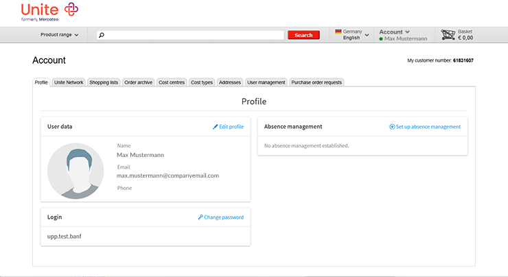 The legacy Account page, reached from the homepage dropdown — a horizontal tab bar (Profile, Unite Network, Shopping lists, Order archive, Cost centres...) repeating the dropdown's own destinations.