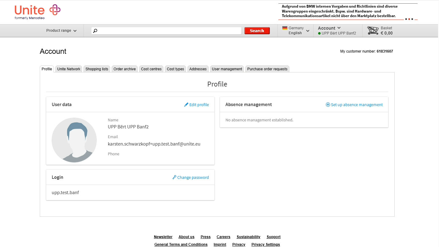 The legacy Account page, reached from the homepage dropdown — a horizontal tab bar (Profile, Unite Network, Shopping lists, Order archive, Cost centres...) repeating the dropdown's own destinations.