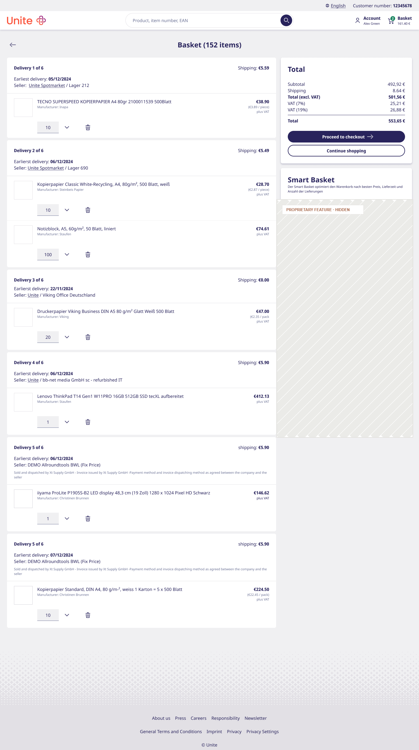 New basket — grouped shipment cards (Delivery 1 of 6, etc.), a dedicated total sidebar, and the Smart Basket optimisation widget (details hidden — proprietary).