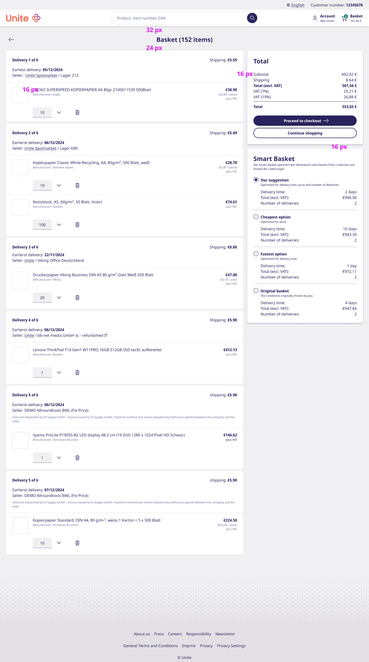 New basket — grouped shipment cards (Delivery 1 of 6, etc.), a dedicated total sidebar, and the Smart Basket optimisation widget.
