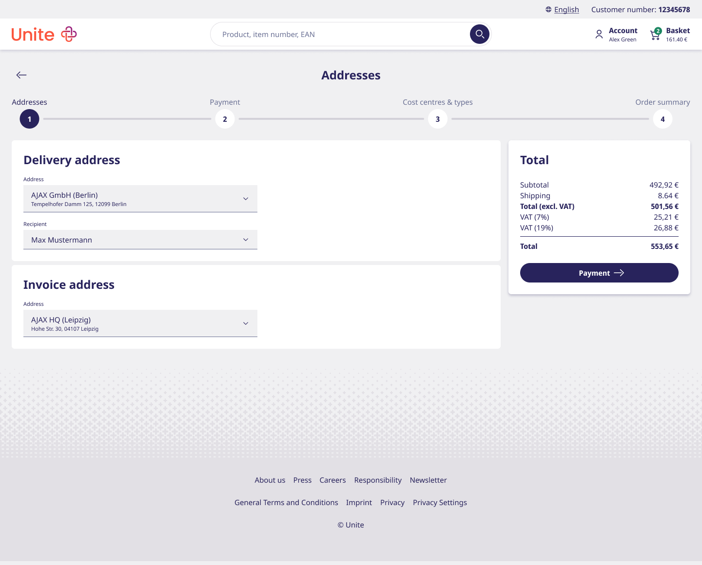 New checkout step 1 — Addresses: delivery and invoice address with a clear order total panel.