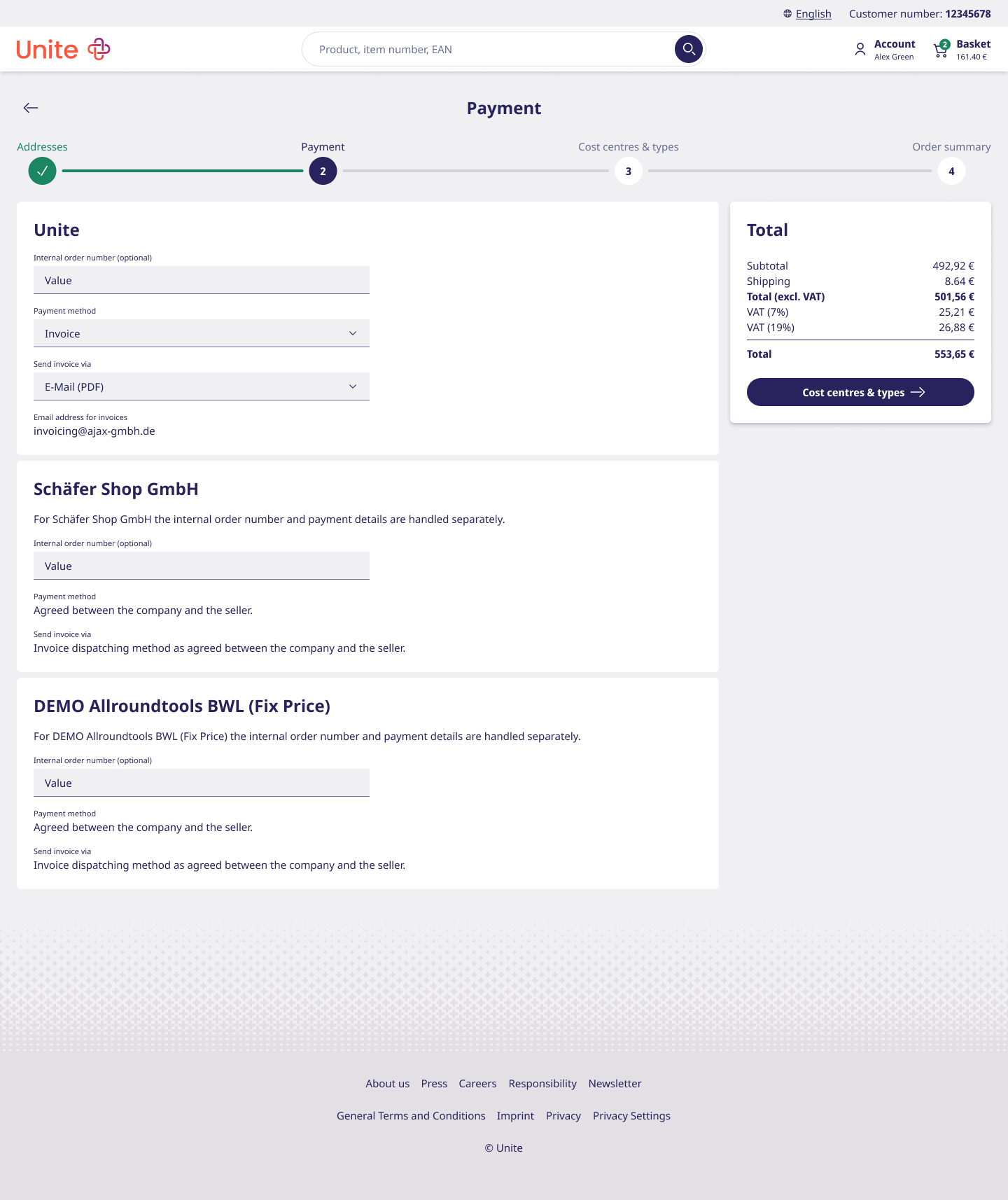 New checkout step 2 — Payment: payment method and invoice delivery.