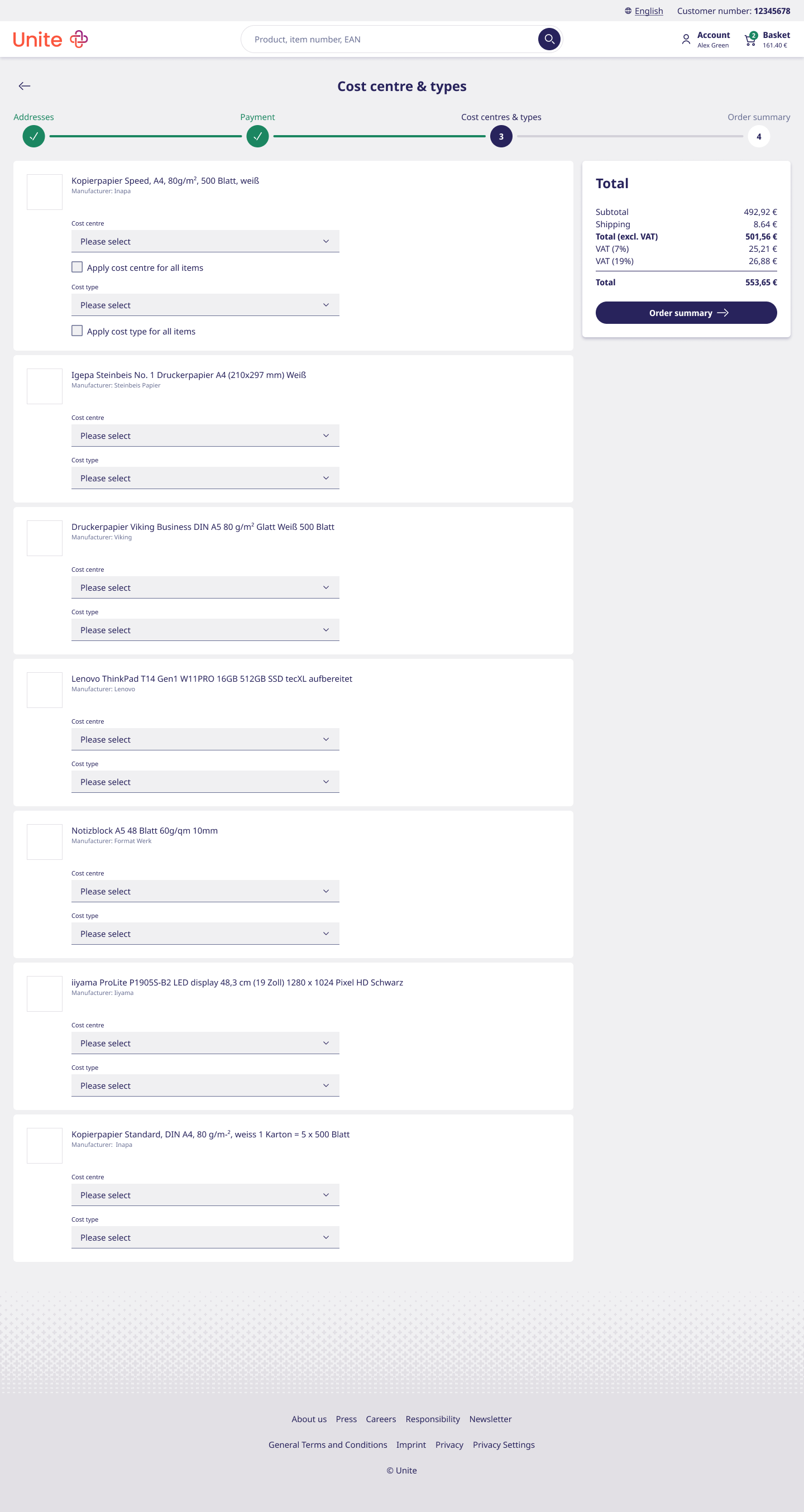 New checkout step 3 — Cost centres & types: assign cost centre and type per item, with apply-to-all.
