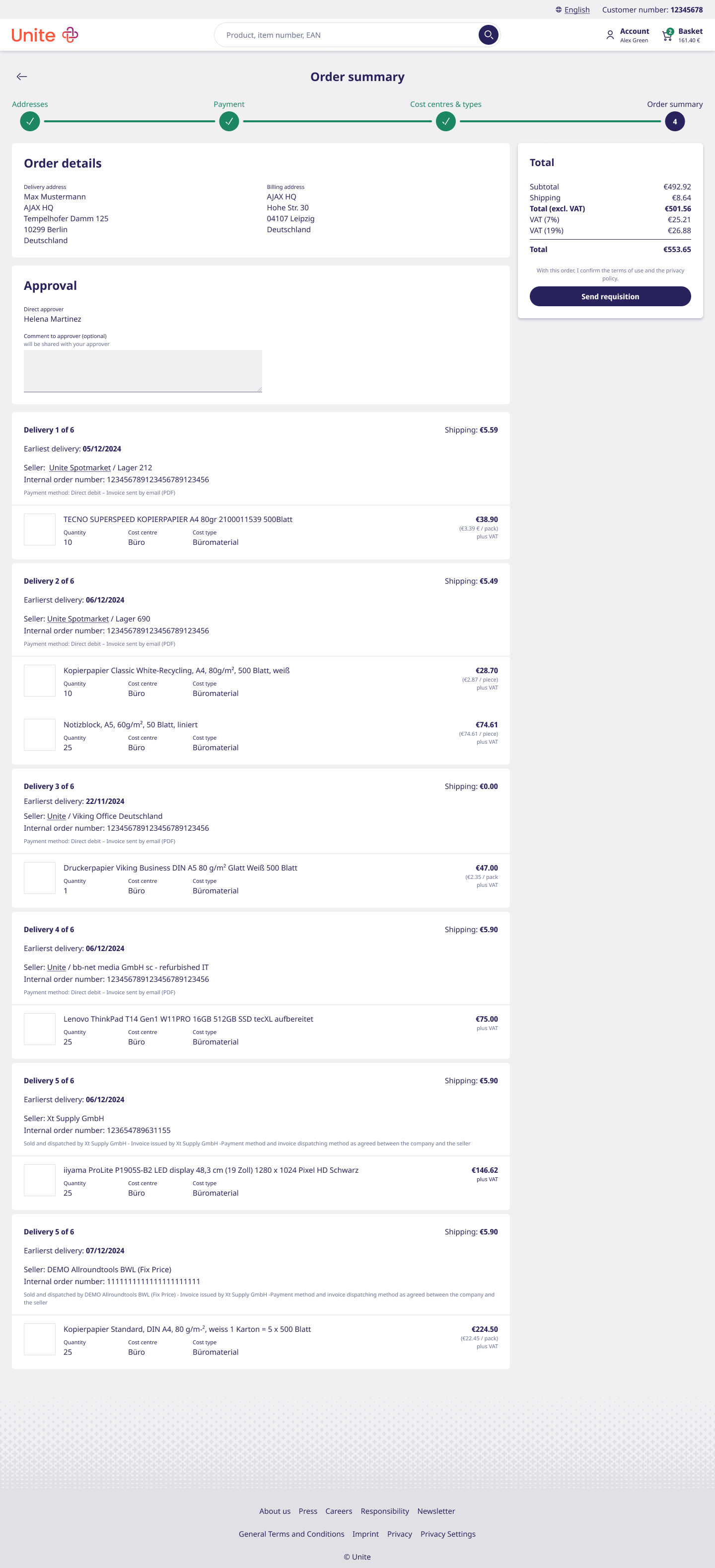 New checkout step 4 — Order summary: approval, grouped deliveries, and send requisition.