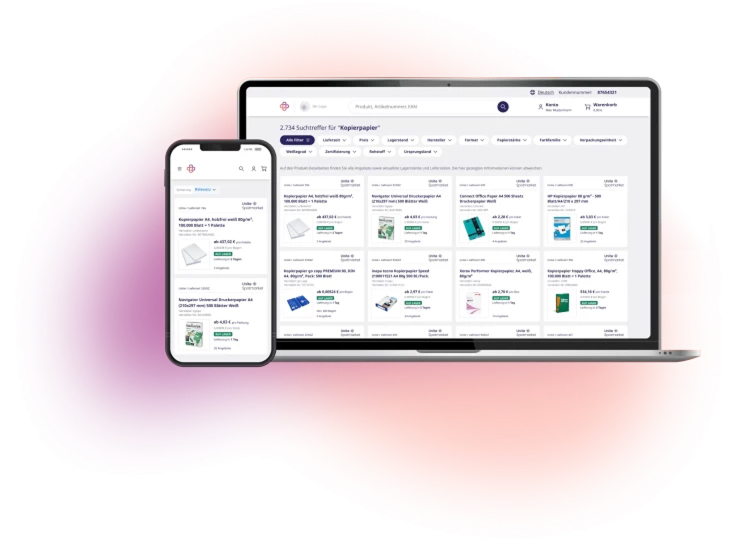 The redesigned Unite marketplace shown on a laptop and phone — search results with filter chips and product cards.