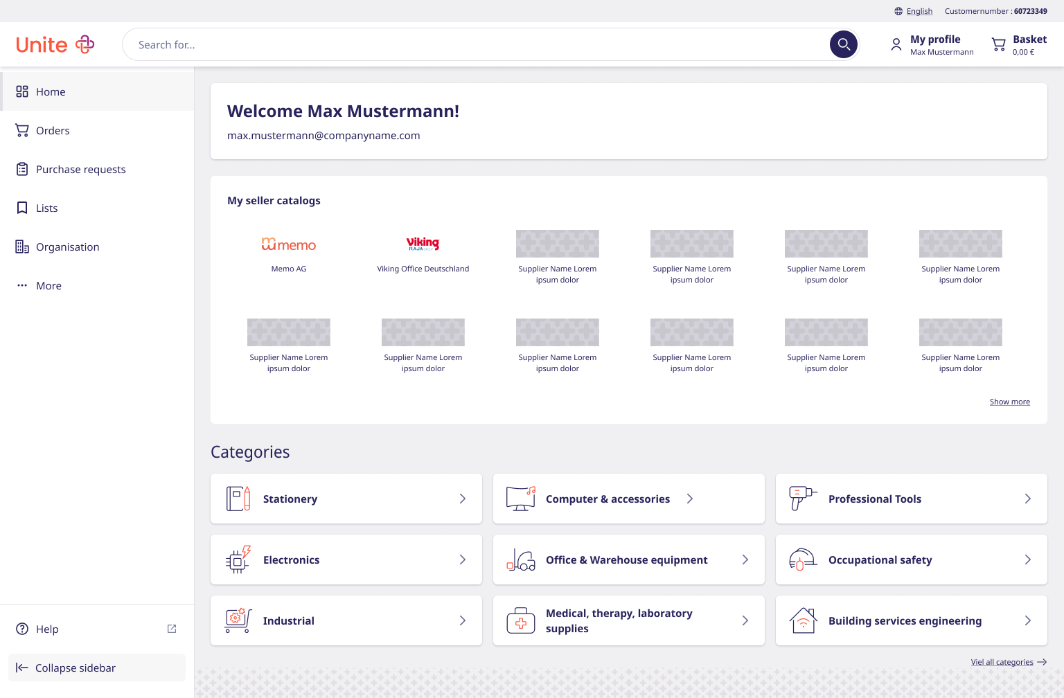 Redesigned Unite start page — persistent sidebar navigation, welcome card, seller catalogue tiles and category cards.