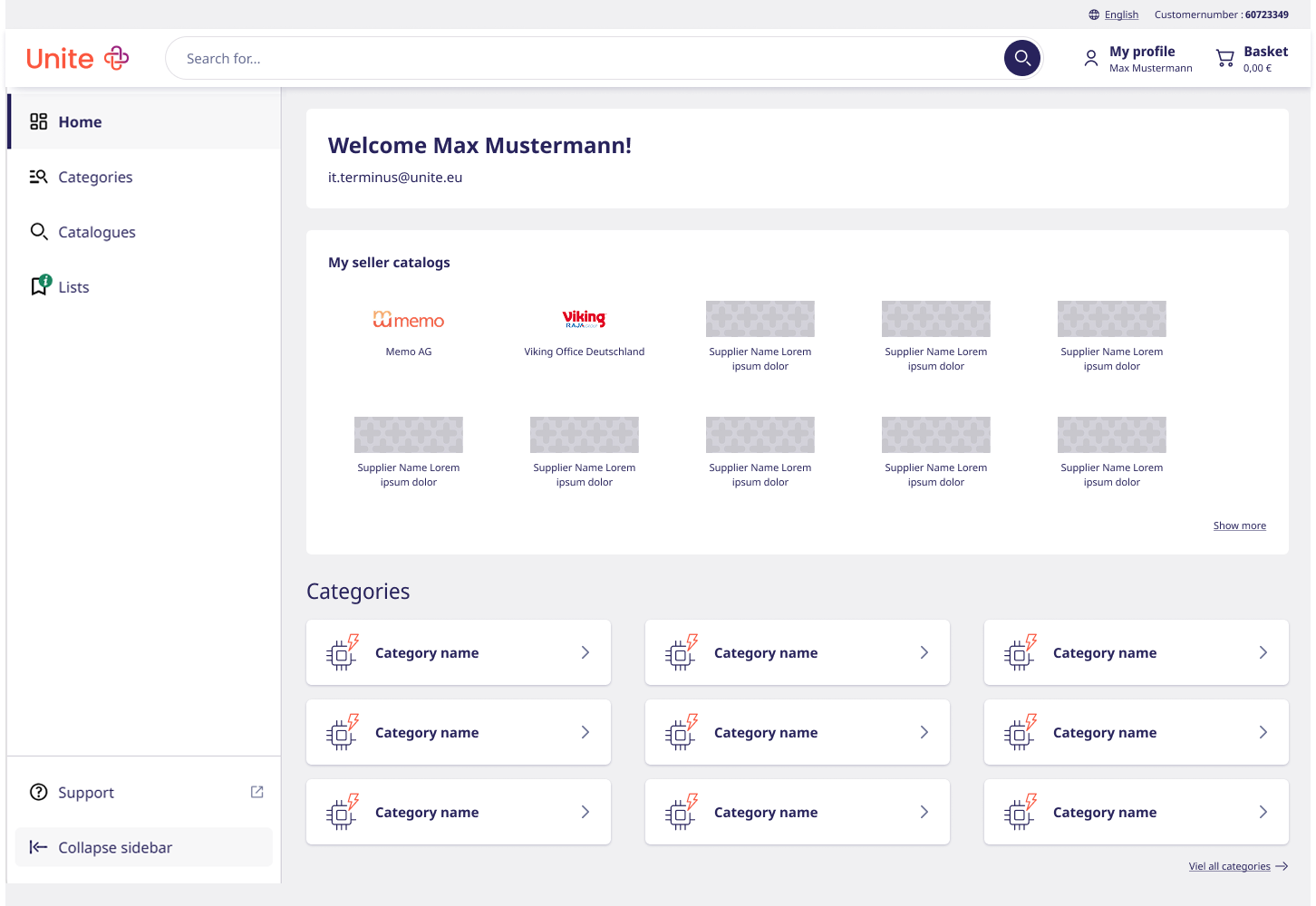 Redesigned Unite start page — sidebar navigation, seller catalogue tiles and clear category cards.