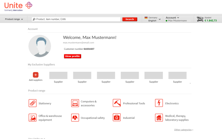 Legacy Unite start page — account dropdown in the top bar, welcome block with customer number, exclusive suppliers row, and the product-range grid.