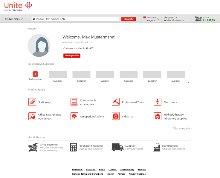 Legacy Unite start page — top nav with search bar, exclusive suppliers row, and a dense product-range grid.