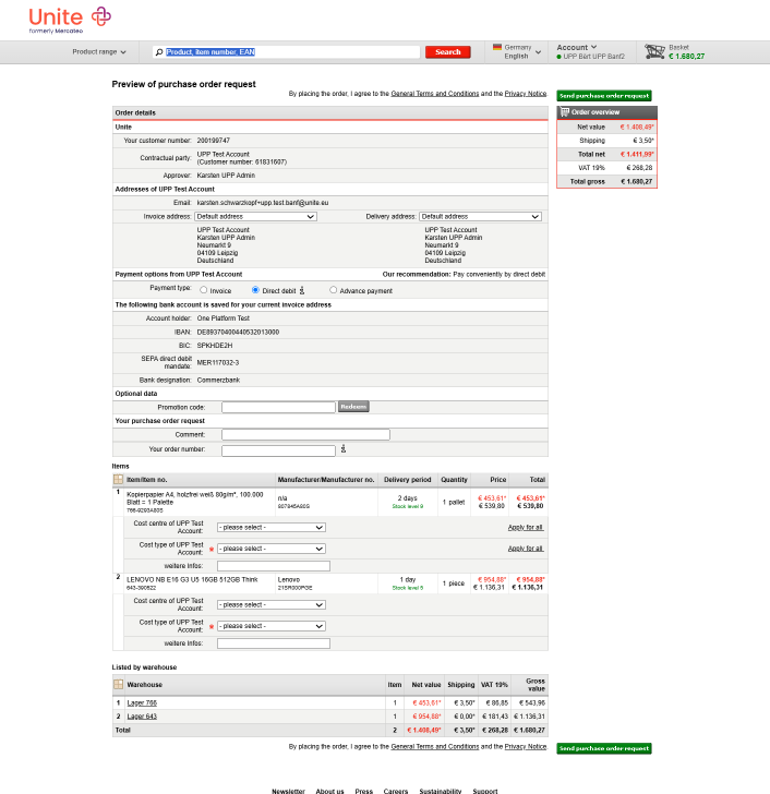 Legacy Unite/Mercateo checkout — one long 'Preview of purchase order request' page containing addresses, payment, items, cost centres and warehouse breakdown all stacked together.