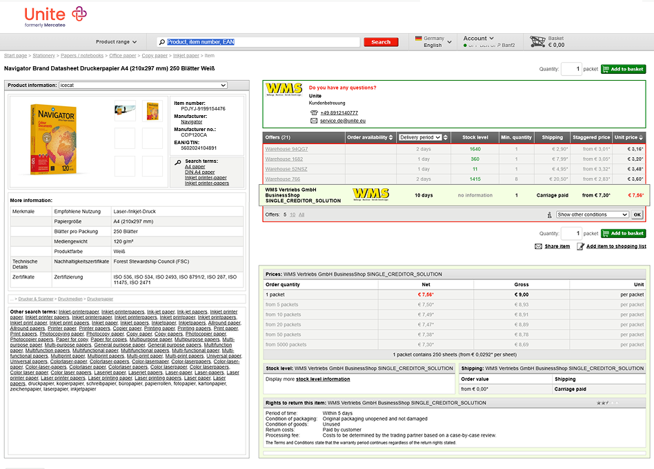Legacy Mercateo product detail page — a supplier offers table, a separate prices block, and scattered metadata boxes.