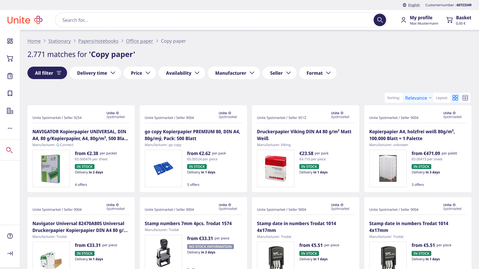 Redesigned Unite search results — filter chips across the top, sorting and layout controls, and a grid of product cards with price, stock and delivery.