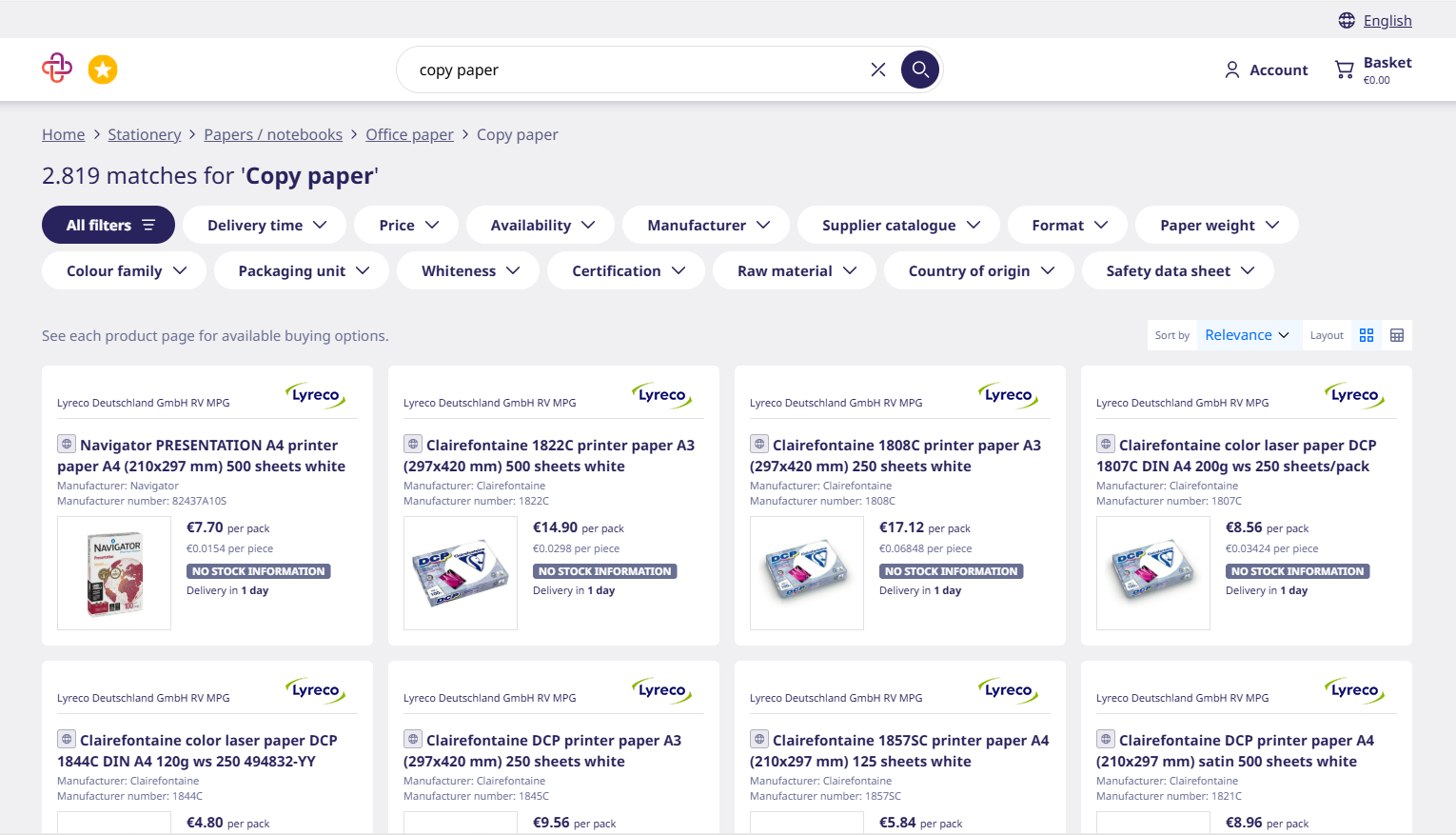 Redesigned Unite search results — filter chips across the top and a clean grid of product cards with delivery and price.