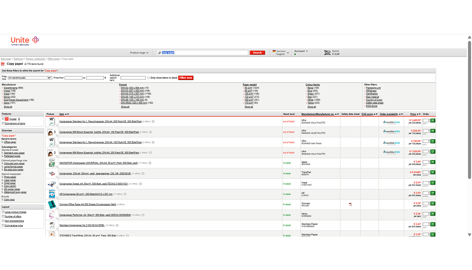 Legacy Unite search results — dense filter block and a packed results table.