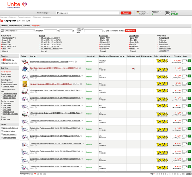 Legacy Unite search results — a dense filter block, a sidebar of subcategories, and a packed results table.