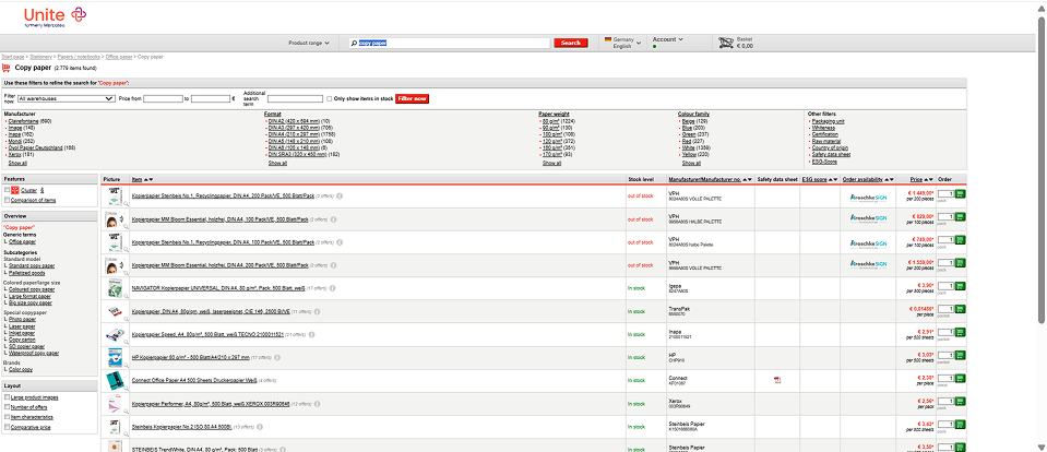 Legacy Unite search results — dense filter block, results table with safety data sheet column, and layout controls tucked in the sidebar.
